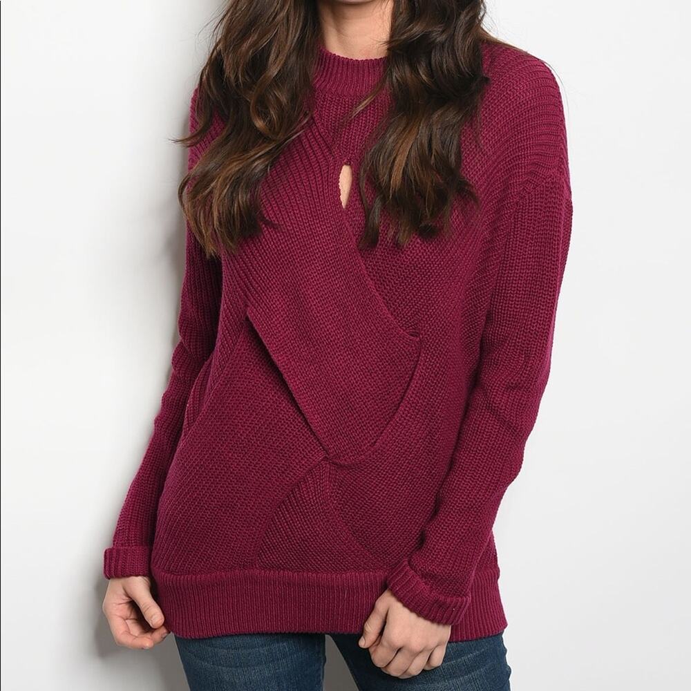 Burgundy Knit Sweater Keyhole Cutout Long Sleeve Crew Neck Lightweight